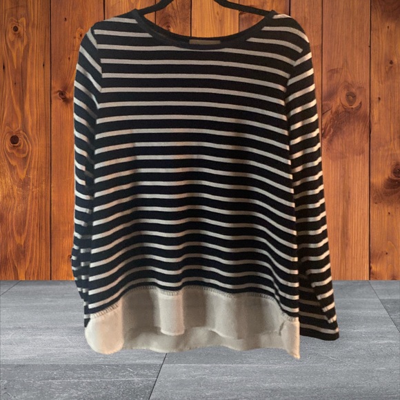 Cathy Daniels Blouse Blk/Wht Stripe.w/Chiffon Hem Sz L EUC - Picture 8 of 8